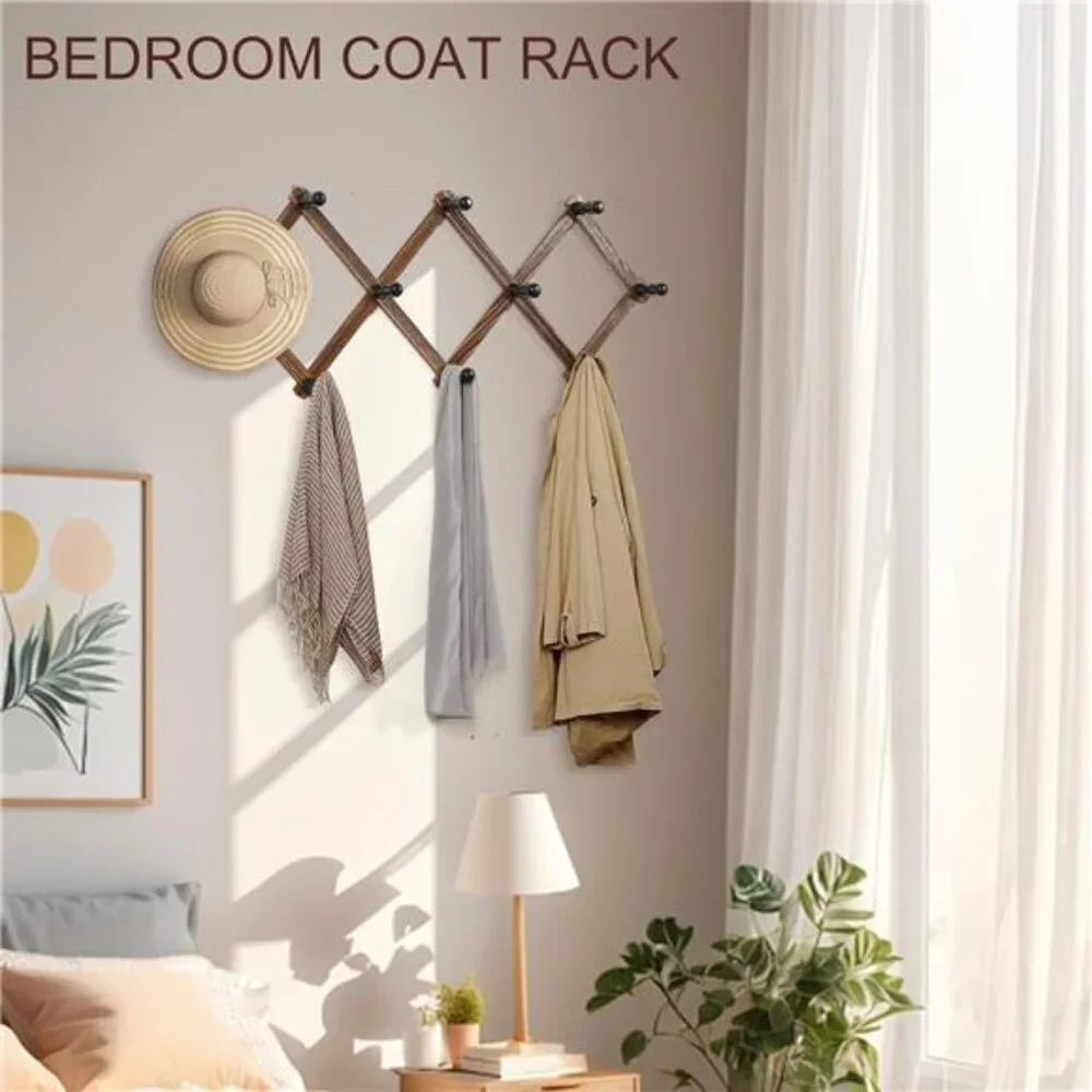 Expandable Brown Wood Wall Rack with Black Pegs - Versatile Coat & Hat Organizer